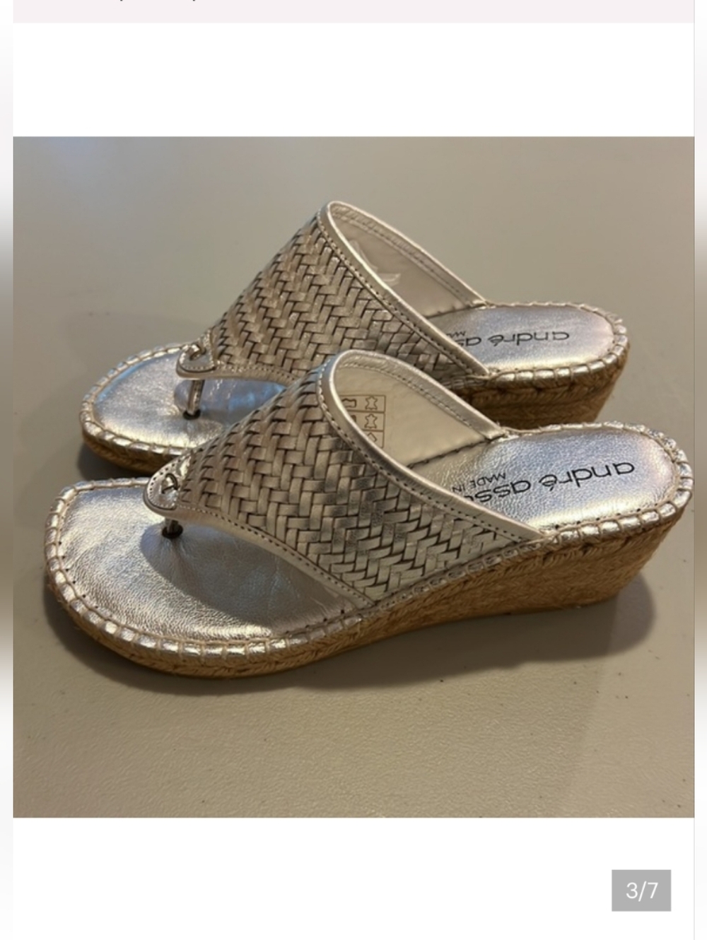 VGUC Andre Assous Metallic Silver Woven Espadrille Wedge Sandals